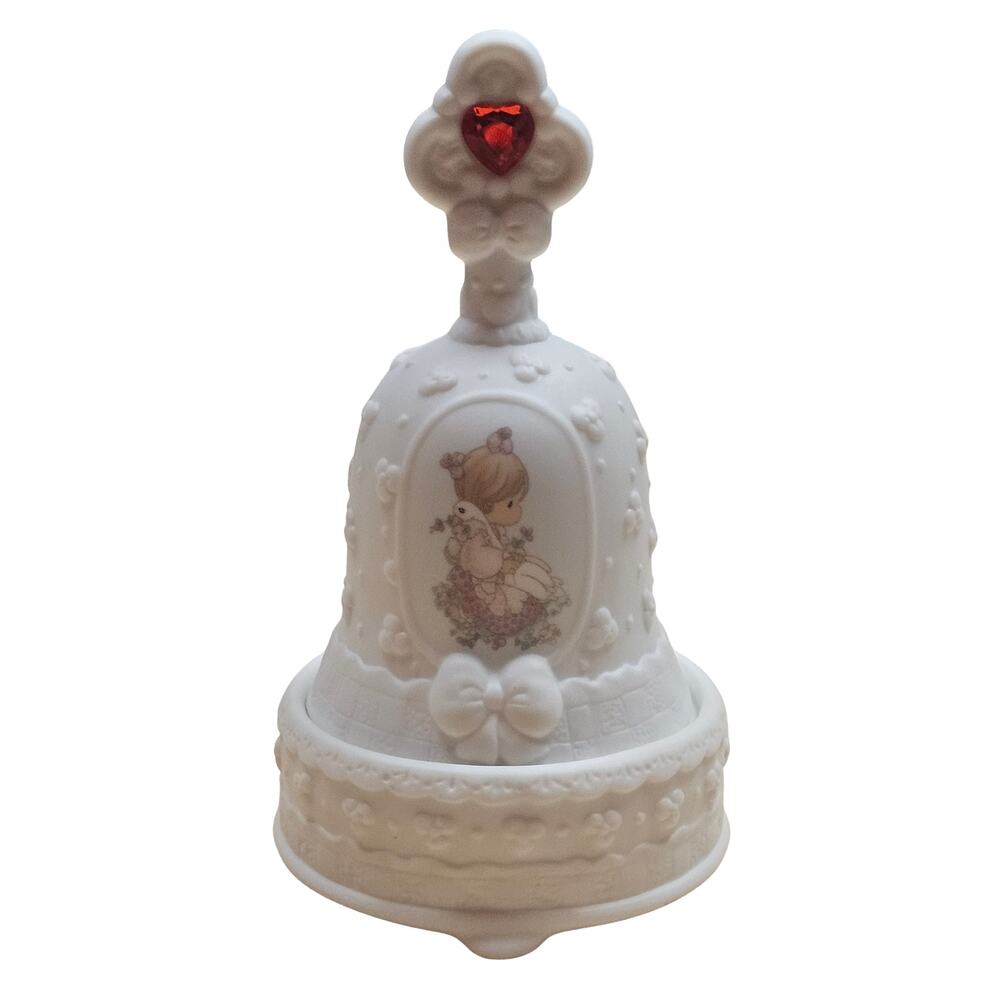Vintage Enesco Precious Moments July Birthday Bell Ruby Heart with Stand White